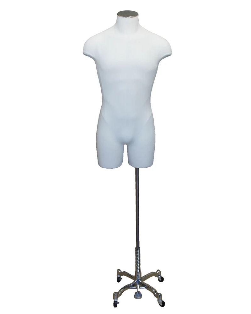 Off-white linen male 3/4 body dress form on chrome 4-wheel base, MDF4-DMB-CH