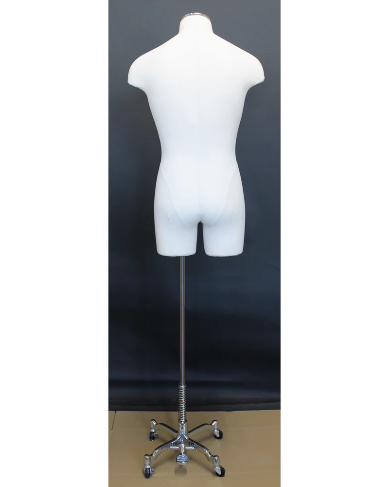 Off-white linen male 3/4 body dress form on chrome 4-wheel base, MDF4-DMB-CH