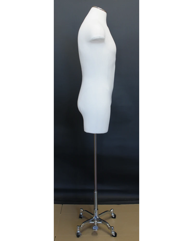 Off-white linen male 3/4 body dress form on chrome 4-wheel base, MDF4-DMB-CH