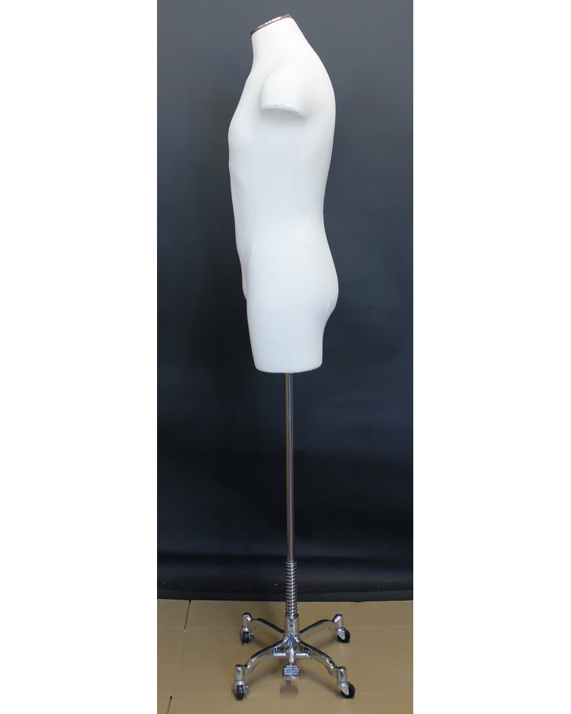 Off-white linen male 3/4 body dress form on chrome 4-wheel base, MDF4-DMB-CH