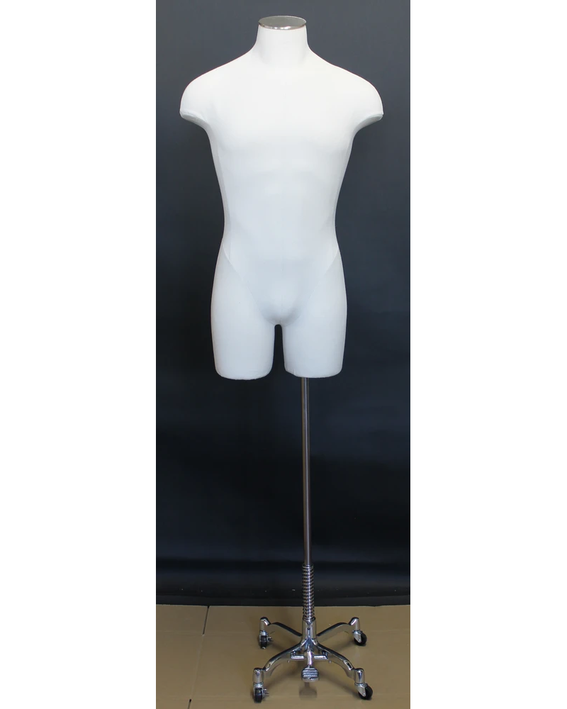 Off-white linen male 3/4 body dress form on chrome 4-wheel base, MDF4-DMB-CH