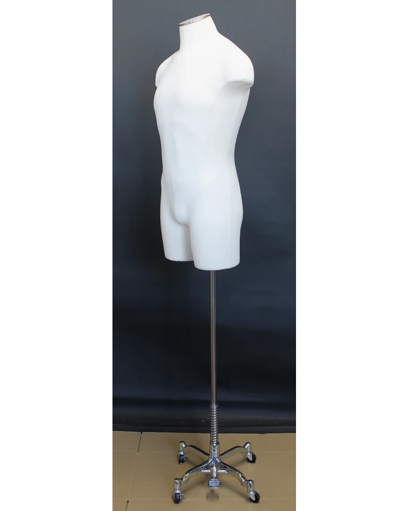 Off-white linen male 3/4 body dress form on chrome 4-wheel base, MDF4-DMB-CH