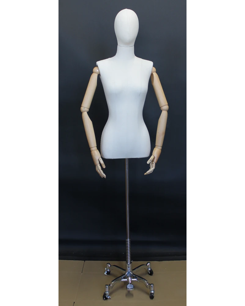 Size 4 female half body linen dress form with egg head, wooden arms and 4-wheel chrome base