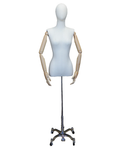 Size 4 female half body linen dress form with egg head, wooden arms and 4-wheel chrome base