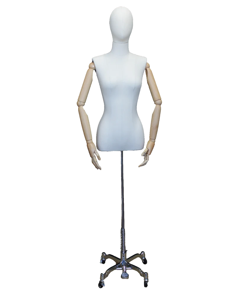 Size 4 female half body linen dress form with egg head, wooden arms and 4-wheel chrome base