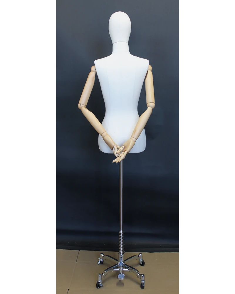 Size 4 female half body linen dress form with egg head, wooden arms and 4-wheel chrome base