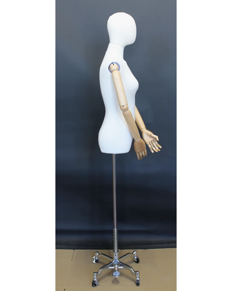 Size 4 female half body linen dress form with egg head, wooden arms and 4-wheel chrome base