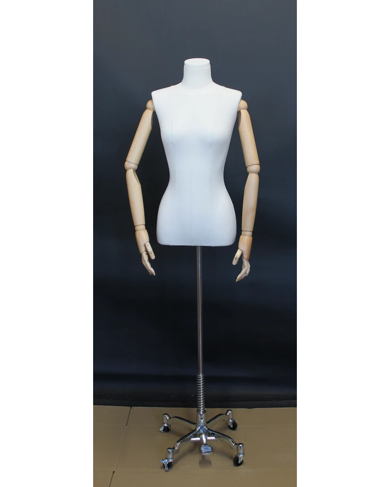 Size 4 female half body linen dress form with egg head, wooden arms and 4-wheel chrome base