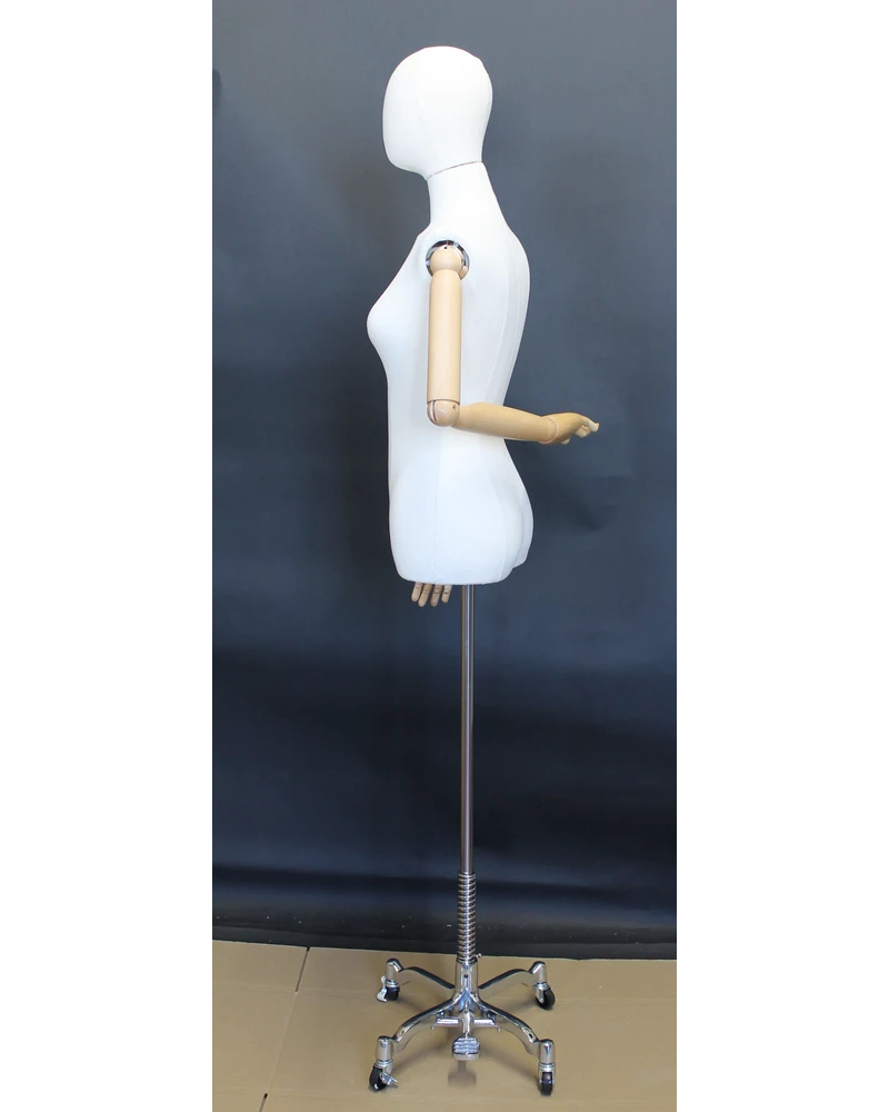 Size 4 female half body linen dress form with egg head, wooden arms and 4-wheel chrome base