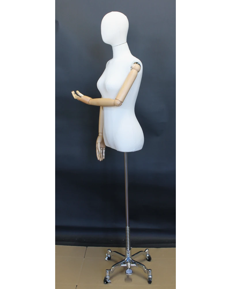 Size 4 female half body linen dress form with egg head, wooden arms and 4-wheel chrome base