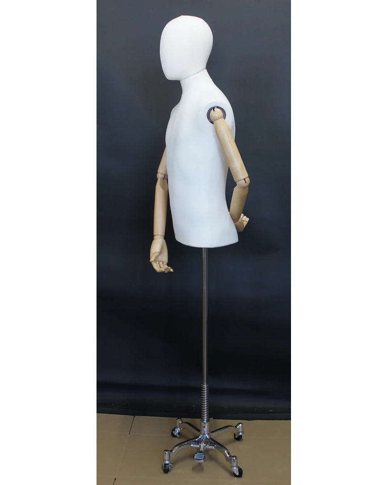 Size M male half body linen dress form with egg head, wooden arms and 4-wheel chrome base