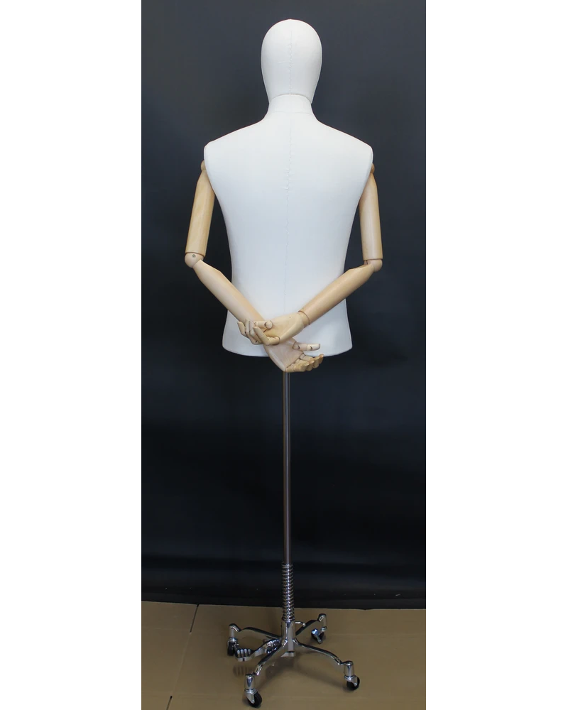 Size M male half body linen dress form with egg head, wooden arms and 4-wheel chrome base