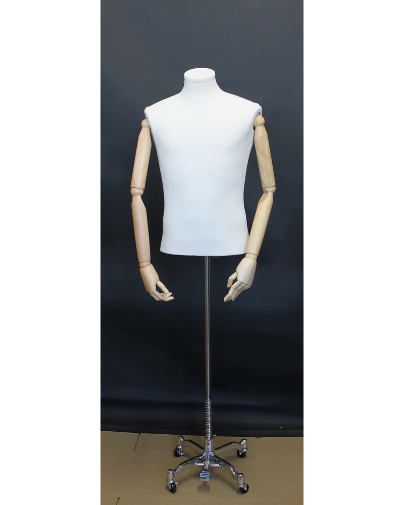 Size M male half body linen dress form with egg head, wooden arms and 4-wheel chrome base