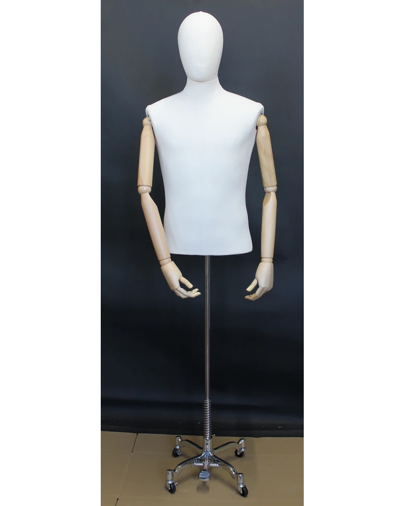 Size M male half body linen dress form with egg head, wooden arms and 4-wheel chrome base