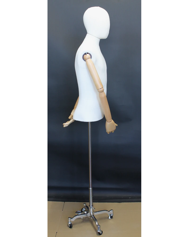 Size M male half body linen dress form with egg head, wooden arms and 4-wheel chrome base