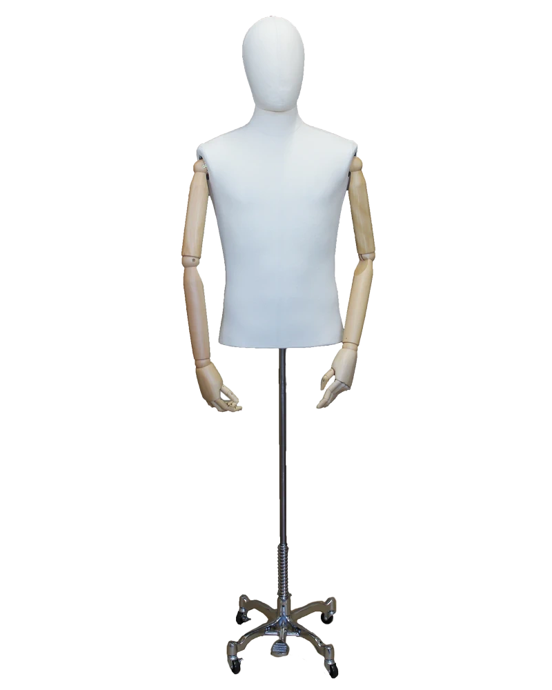Size M male half body linen dress form with egg head, wooden arms and 4-wheel chrome base