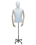 Size M male half body linen dress form with egg head, wooden arms and 4-wheel chrome base