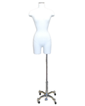 Off-white linen female 3/4 body dress form on chrome 4-wheel base, BF4-DMB-CH