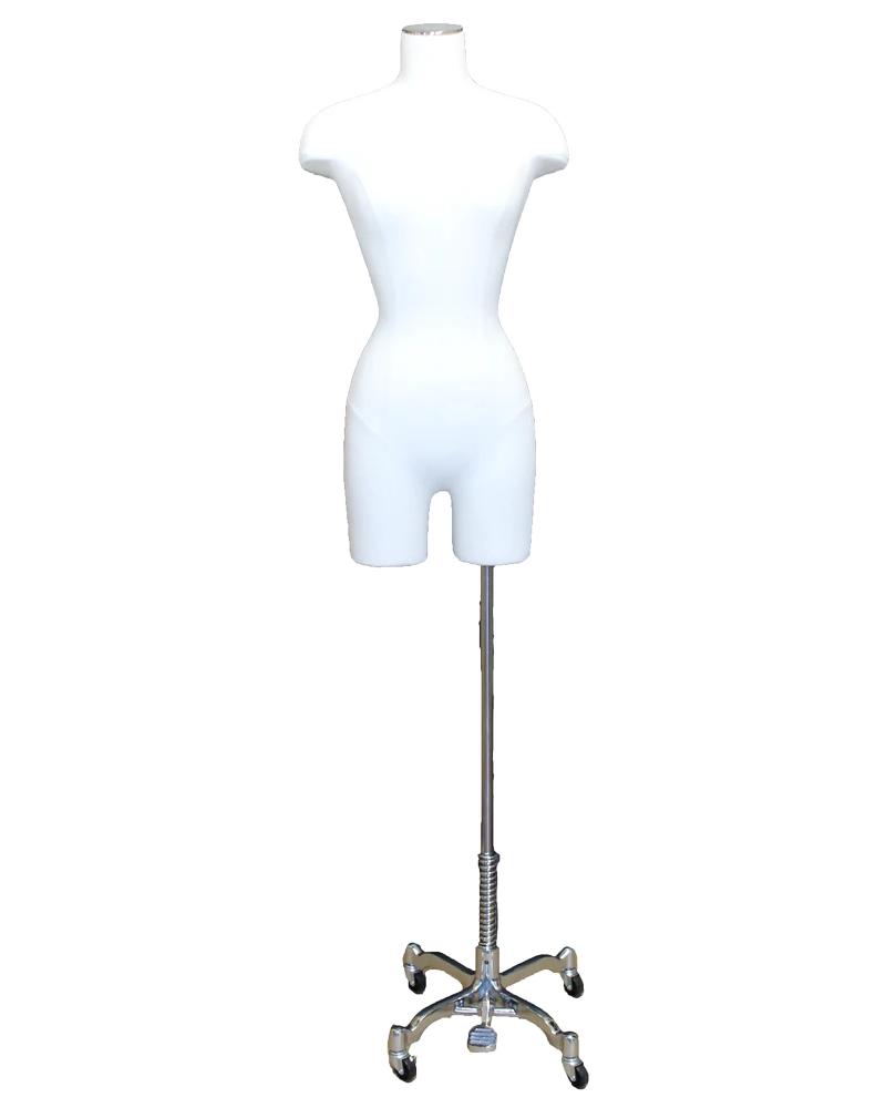 Off-white linen female 3/4 body dress form on chrome 4-wheel base, BF4-DMB-CH