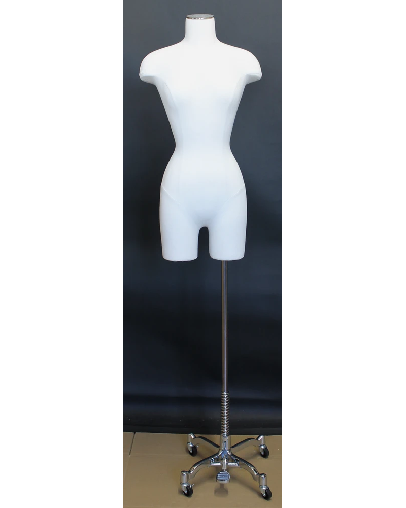 Off-white linen female 3/4 body dress form on chrome 4-wheel base, BF4-DMB-CH