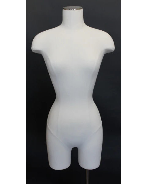 Off-white linen female 3/4 body dress form on chrome 4-wheel base, BF4-DMB-CH