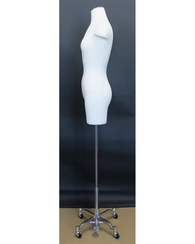 Off-white linen female 3/4 body dress form on chrome 4-wheel base, BF4-DMB-CH