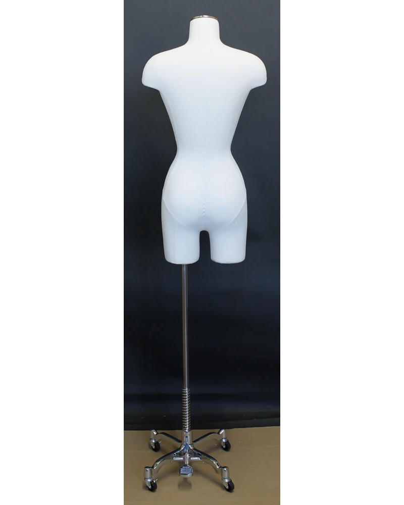 Off-white linen female 3/4 body dress form on chrome 4-wheel base, BF4-DMB-CH