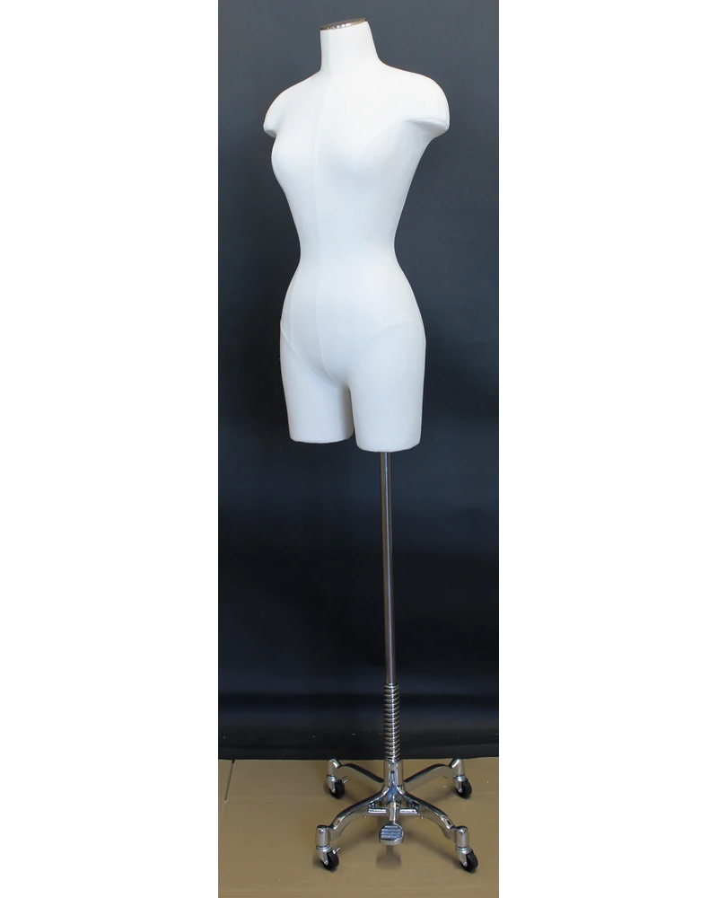 Off-white linen female 3/4 body dress form on chrome 4-wheel base, BF4-DMB-CH