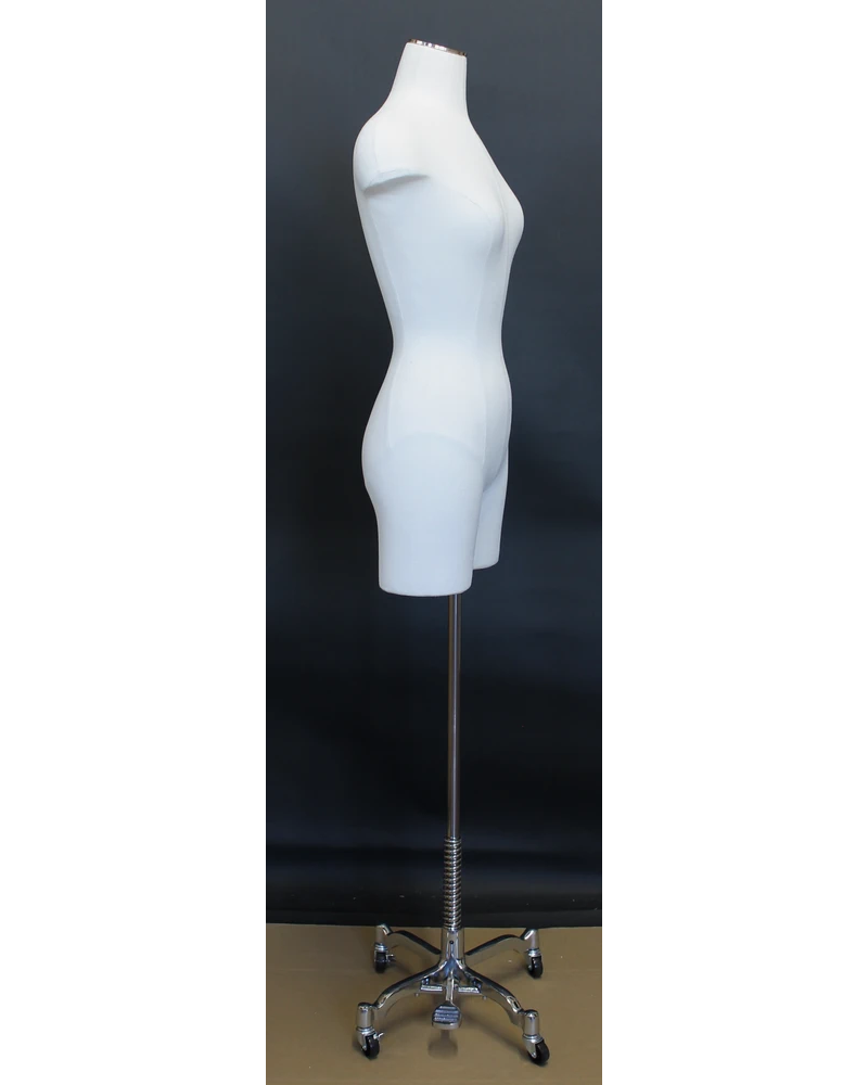 Off-white linen female 3/4 body dress form on chrome 4-wheel base, BF4-DMB-CH