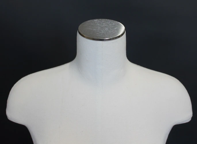 Off-white linen female 3/4 body dress form on chrome 4-wheel base, BF4-DMB-CH