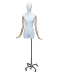 Off-white linen female dress form with wooden arms on chrome 4-wheel base, BFWH-2-DMB-CH