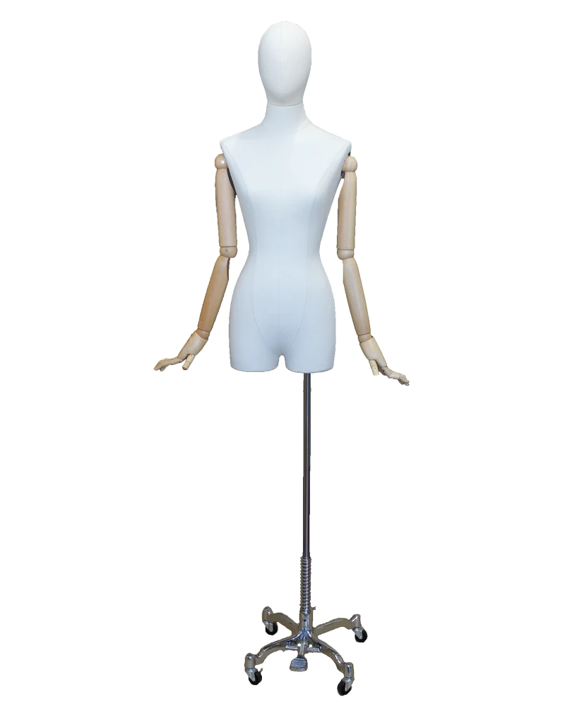 Off-white linen female dress form with wooden arms on chrome 4-wheel base, BFWH-2-DMB-CH