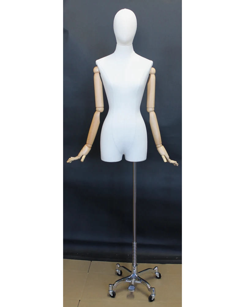 Off-white linen female dress form with wooden arms on chrome 4-wheel base, BFWH-2-DMB-CH