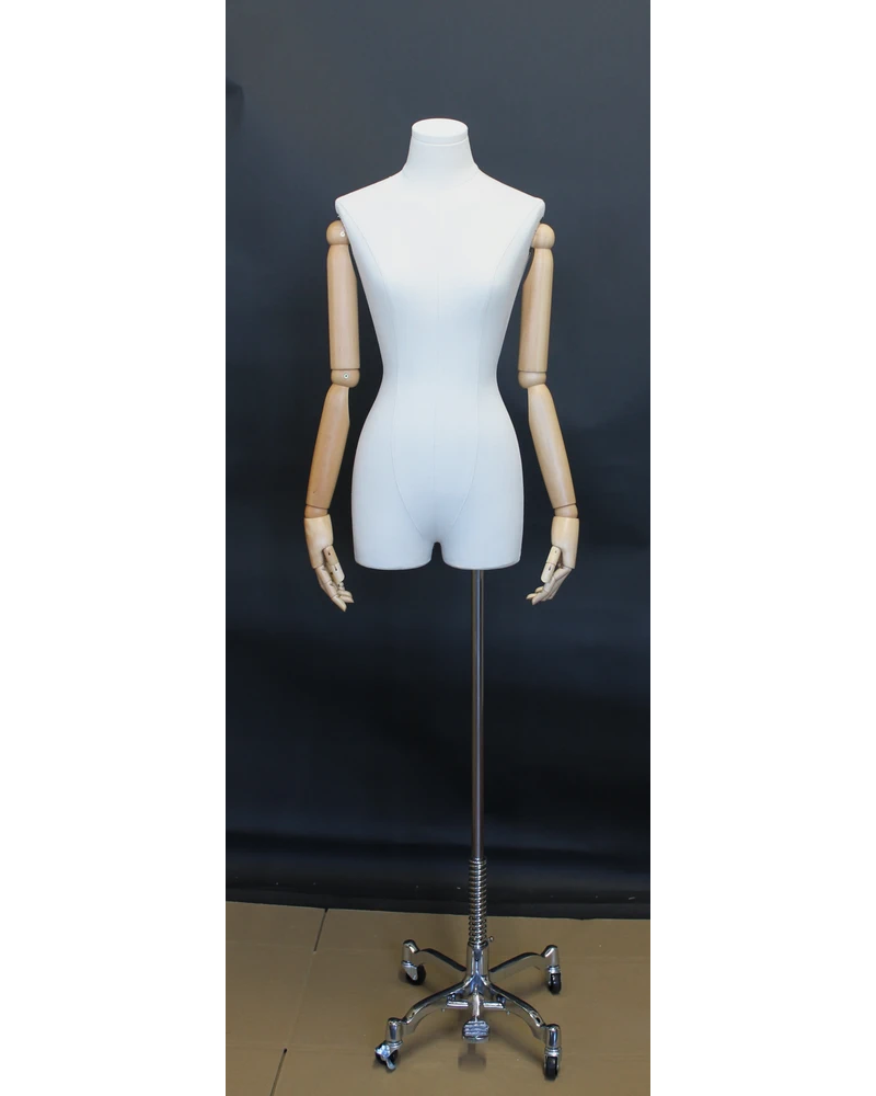 Off-white linen female dress form with wooden arms on chrome 4-wheel base, BFWH-2-DMB-CH