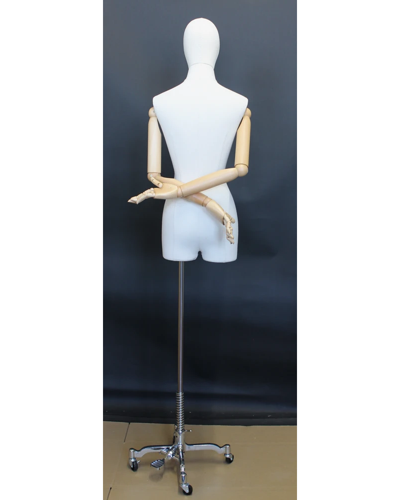 Off-white linen female dress form with wooden arms on chrome 4-wheel base, BFWH-2-DMB-CH