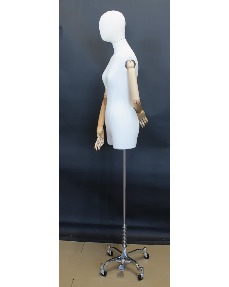 Off-white linen female dress form with wooden arms on chrome 4-wheel base, BFWH-2-DMB-CH