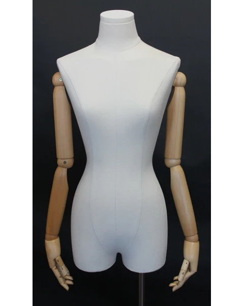 Off-white linen female dress form with wooden arms on chrome 4-wheel base, BFWH-2-DMB-CH