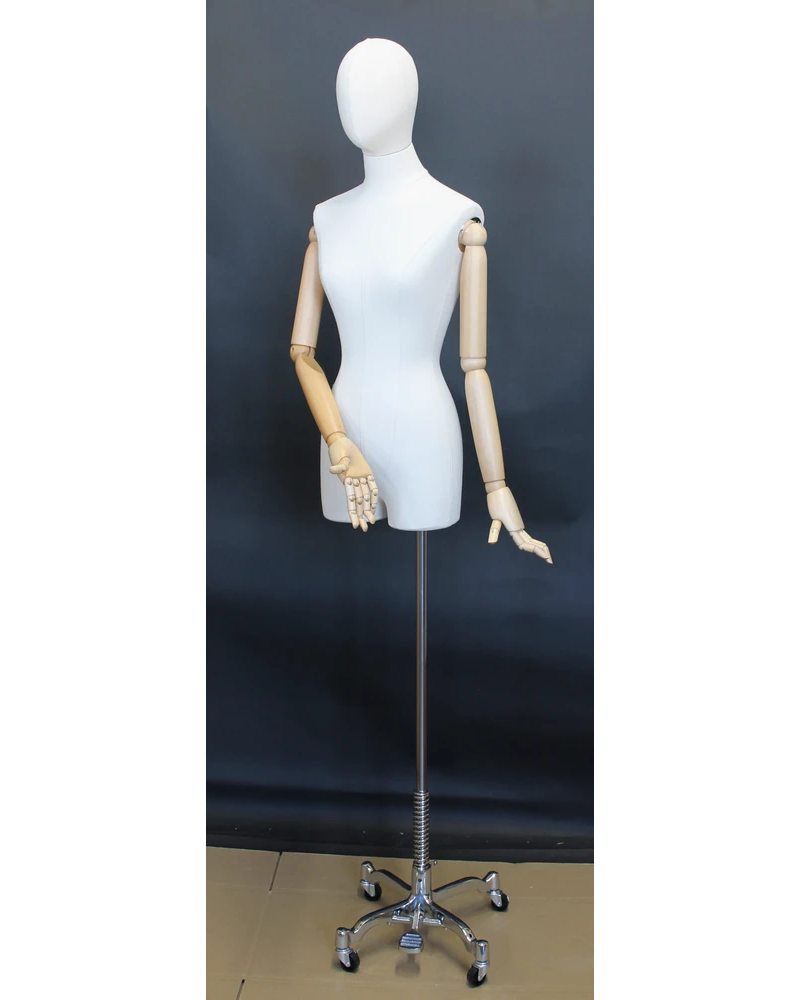 Off-white linen female dress form with wooden arms on chrome 4-wheel base, BFWH-2-DMB-CH