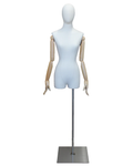 Off-white linen female 3/4 body dress form with egg head and wooden arms, BFWH-2-WM