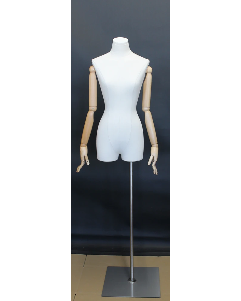 Off-white linen female 3/4 body dress form with egg head and wooden arms, BFWH-2-WM