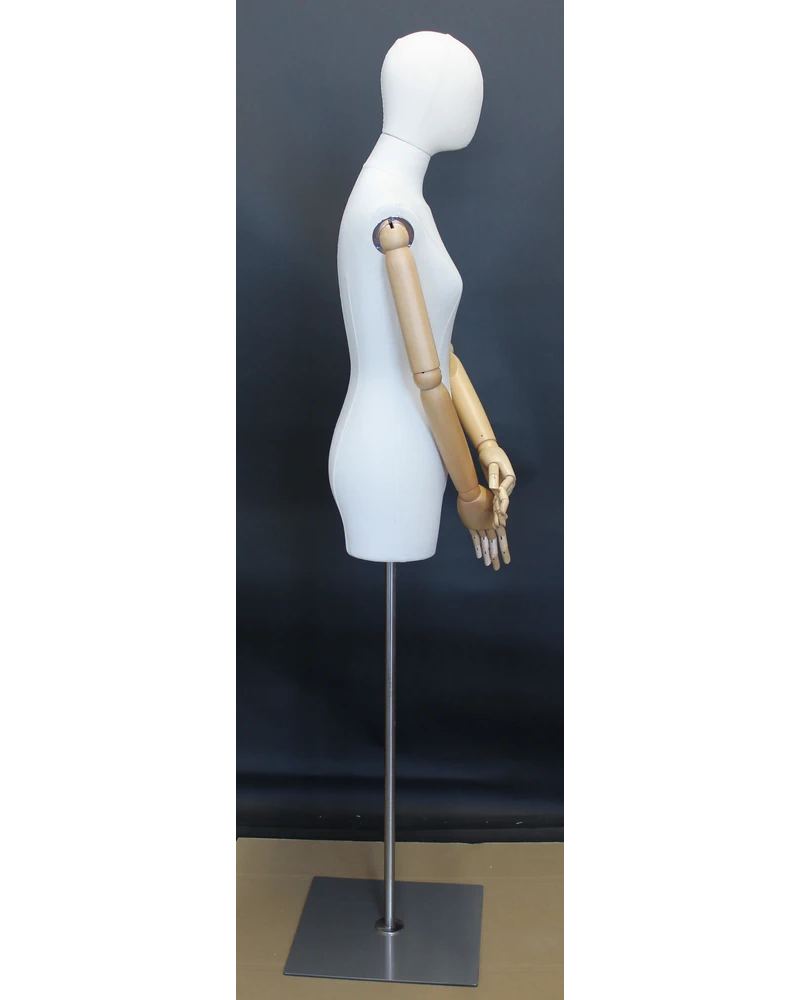 Off-white linen female 3/4 body dress form with egg head and wooden arms, BFWH-2-WM