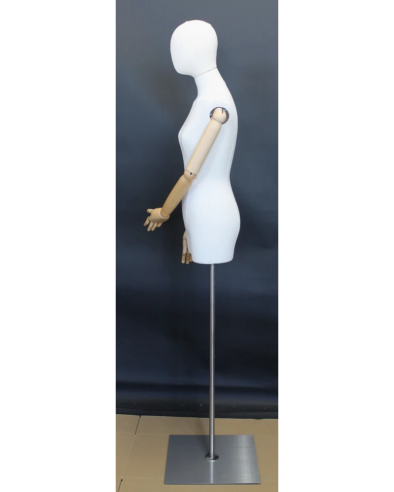 Off-white linen female 3/4 body dress form with egg head and wooden arms, BFWH-2-WM