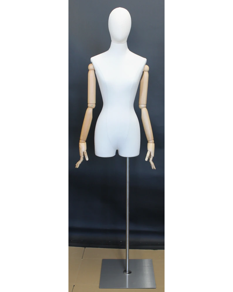 Off-white linen female 3/4 body dress form with egg head and wooden arms, BFWH-2-WM