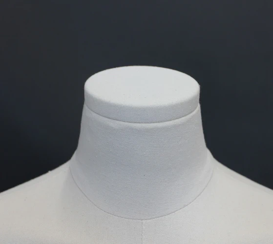 Off-white linen female 3/4 body dress form with egg head and wooden arms, BFWH-2-WM