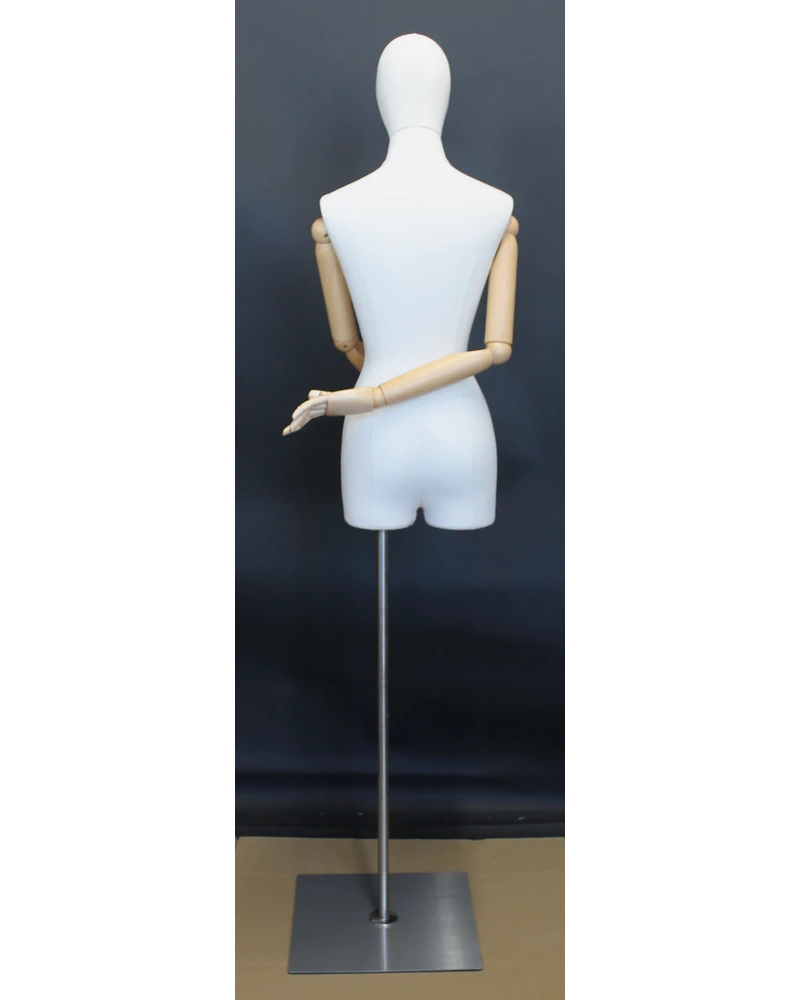 Off-white linen female 3/4 body dress form with egg head and wooden arms, BFWH-2-WM