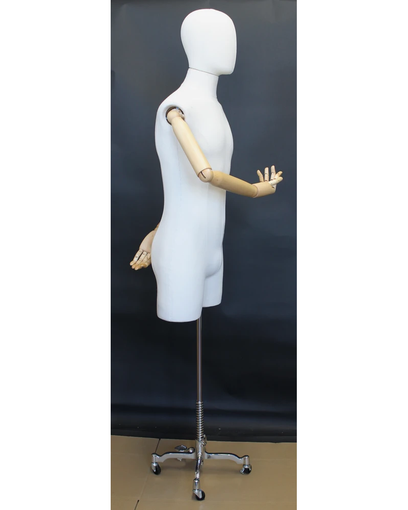 Off-white linen male 3/4 body dress form with wooden arms on chrome 4-wheel base, BFMH-2-DMB-CH