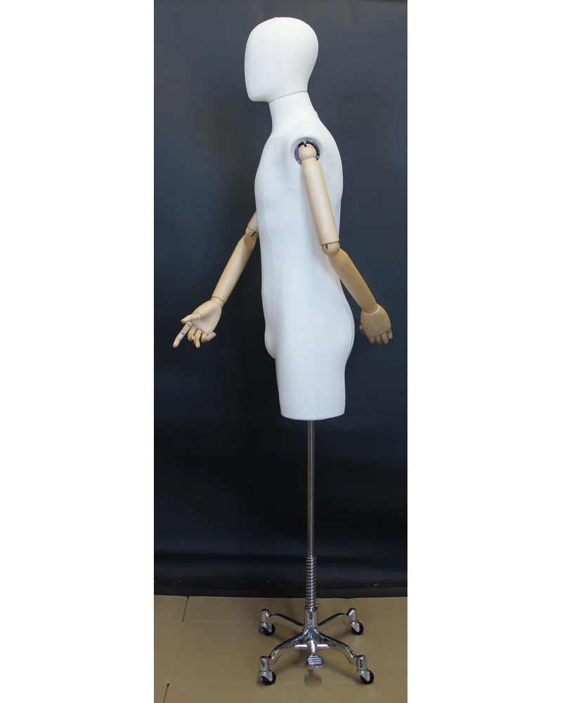 Off-white linen male 3/4 body dress form with wooden arms on chrome 4-wheel base, BFMH-2-DMB-CH
