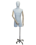 Off-white linen male 3/4 body dress form with wooden arms on chrome 4-wheel base, BFMH-2-DMB-CH