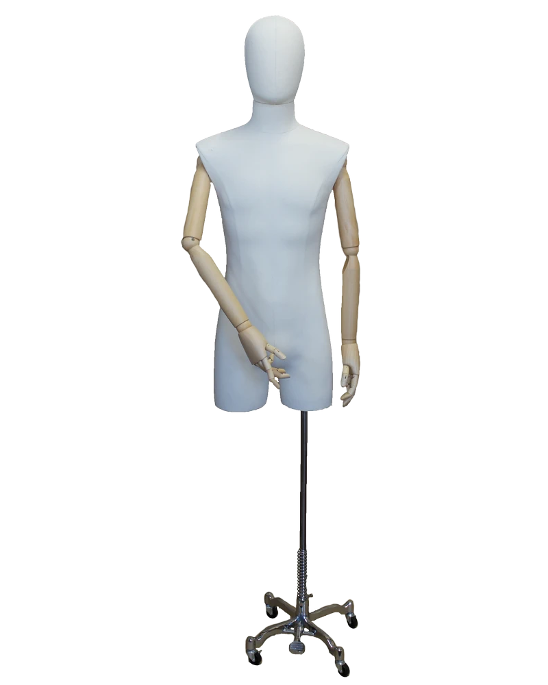 Off-white linen male 3/4 body dress form with wooden arms on chrome 4-wheel base, BFMH-2-DMB-CH