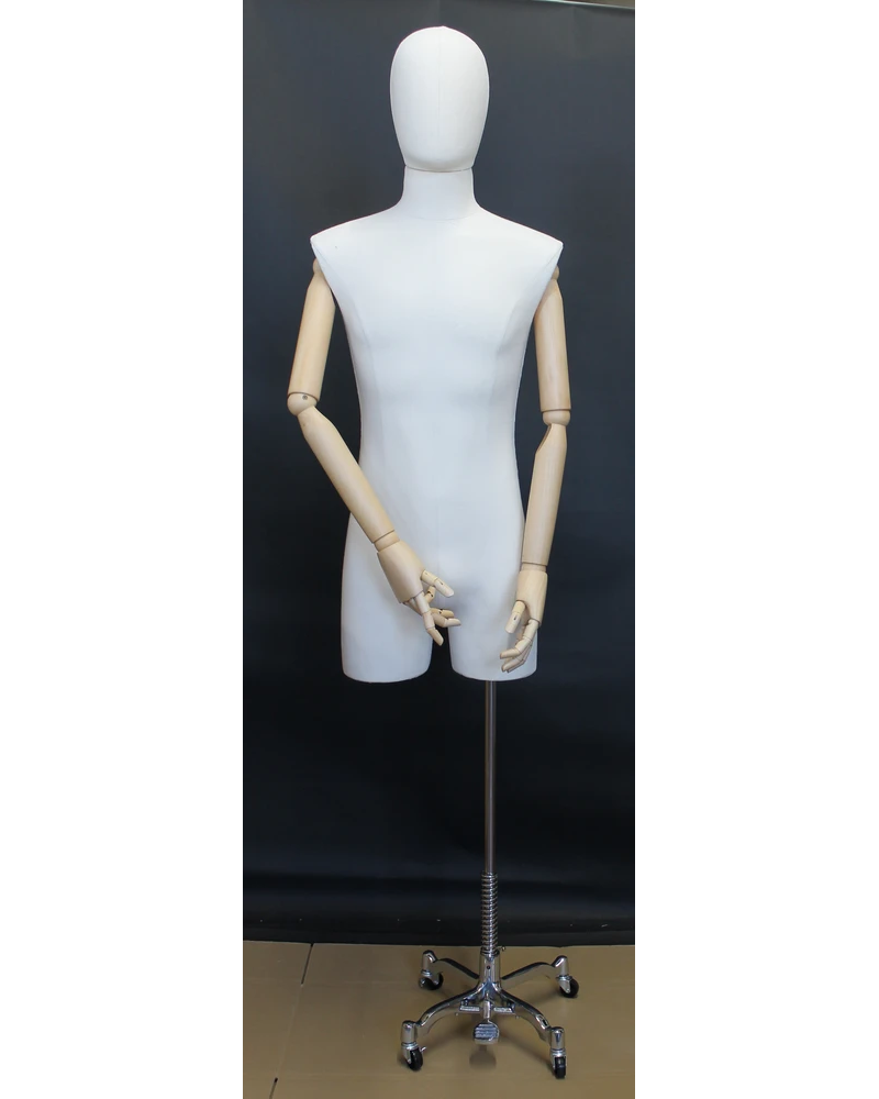 Off-white linen male 3/4 body dress form with wooden arms on chrome 4-wheel base, BFMH-2-DMB-CH